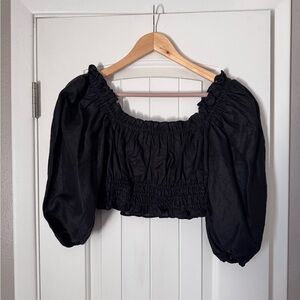 DISSH DILLON BLACK LINEN GATHERED TOP
